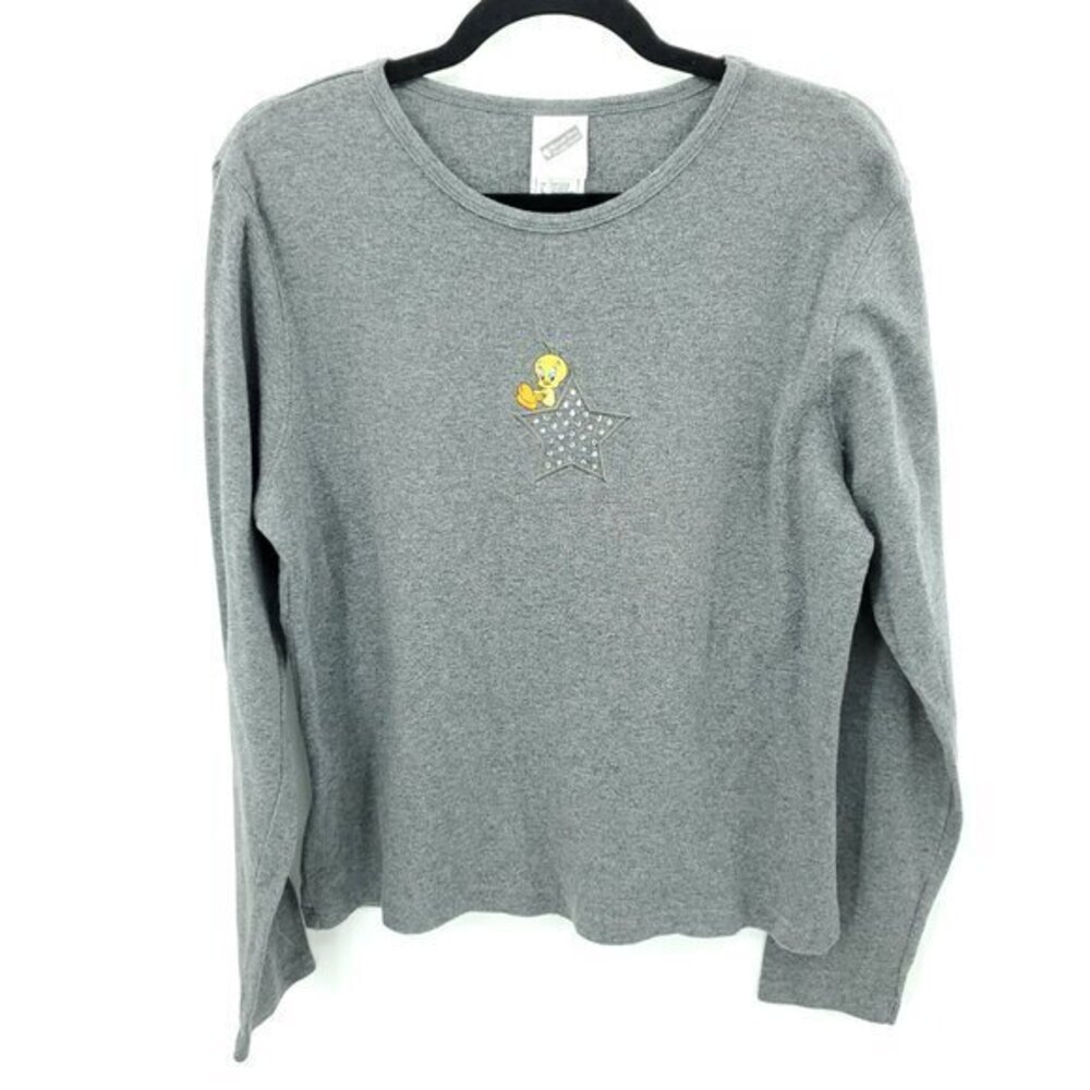 2000-Era VTG Warner Bros. Blingy Tweety Bird Embroidered Long Sleeve Tee L Gray